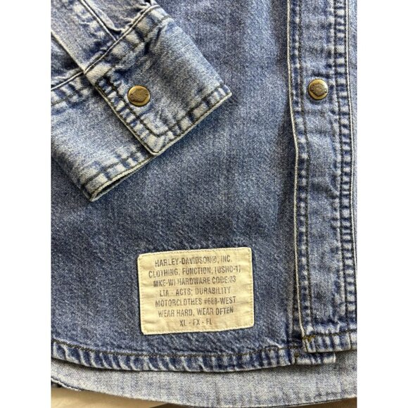 Harley Davidson Heavy Blue Denim Button-Up Shirt Y2K, Logo Buttons, Size Medium - Picture 4 of 9